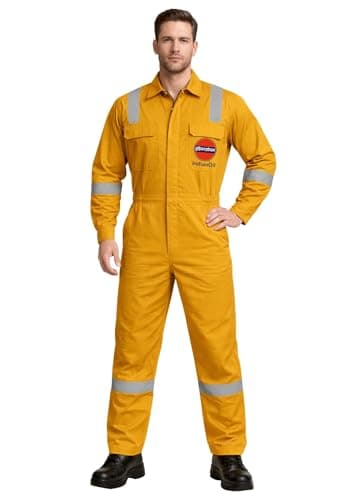 Indian Oil Work Coverall Dungaree, Two Way Zipper, Beige with Reflective Tape, Full Body Protection Workwear (XXL)