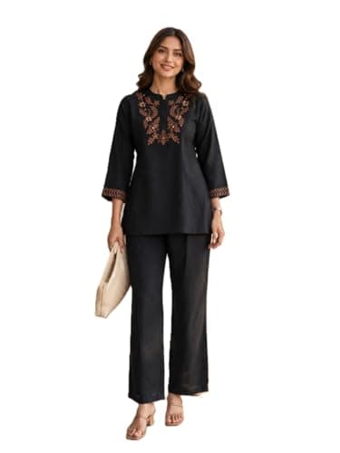 NISFAS Designer Co-Ord Set for Women Premium Roman Silk Festival Wear Stylish Top and Bottom Set Party, Matching Set Elegant Ethnic for Women Casual & Occasion Wear (IN, Alpha, XL, Regular, Black)
