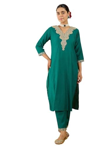 INDO ERA Women's Cotton Blend Yoke Embroidered Straight Fit Kurta & Pant Set (Green_IESTR11588_XX-Large)