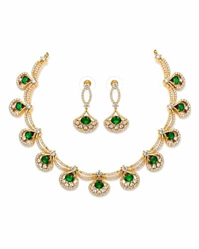 Visaga Aura Green American Diamond Choker Necklace Set for Women | Gold Plated Temple Design Bridal Jewellery Set with Earrings | Wedding, Party, Traditional South Indian Short Haram