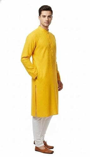 INDIA SILK PWCS LTD Men's Cotton Blend Embroidery Stitch Kurta with White Pajama Set - Traditional Indian Ethnic Wear Color and Size Variation 42 Yellow 4
