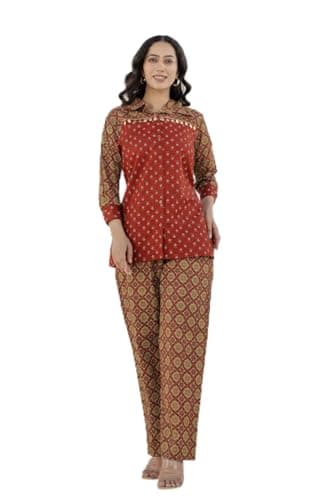 KOHSH Rust Embellished Shirt with Contrast Pants Co-ord Set (S_Rust)