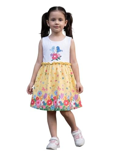 HELLCAT Girls Casual Sleeveless Round Neck Printed Dress, Fit & Flare Princess Style Cotton Frock, Outfit for Kids, Baby Girl Party Gown, Value Pack, Age 1-9 Years White