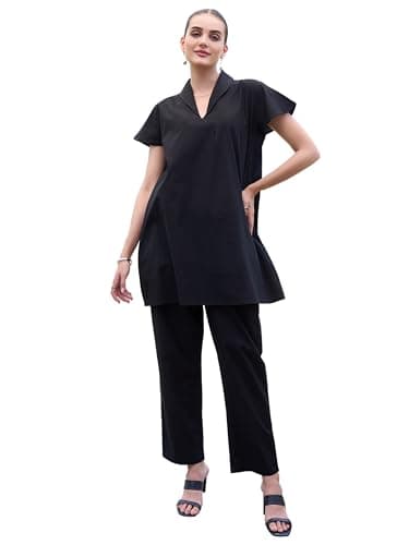 TITTLI Women Solid Cotton V-Neck Collared Tunic & Trouser Co-Ord Set for Women | Short Sleeves & Elasticed Waistband Bottom | Casual Wear Outfit | L, XL, XXL, 3XL Black