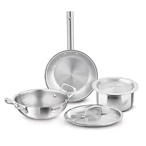 Bergner Tripro Triply Cookware Set 5 Pcs - 22cm (2.3L) Kadai with Lid, 22cm Frypan, 16cm (1.8L) Tope with Lid, Consumes Less Oil, Healthy Cooking, Even Heat Distribution, Induction and Gas Stove Ready