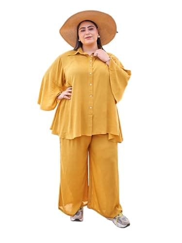 TITTLI Wrinkle Rayon Oversized Shirt & Palazzo Plus Size Co-Ord Set for Women | Relaxed Fit Two Piece Outfit | Casual Wear Outfit | Sizes - XXL, 3XL, 4XL, 5XL, 6XL Mustard