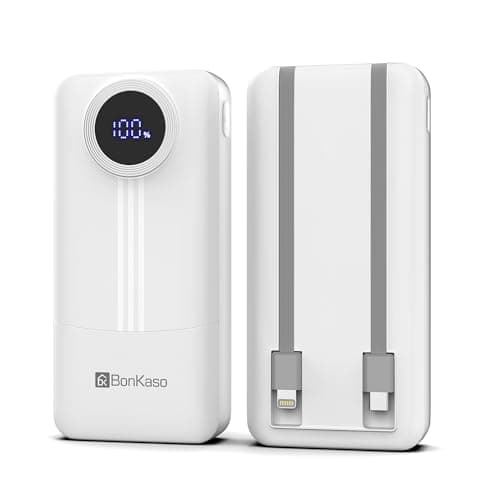 BonKaso 20000mAh Power Bank 22.5W PD Fast Charging with Built-in Type-C Cable, USB-A & Type-C Output, Digital LED Display, Slim Portable Charger for iPhone, Android, Tablets – White