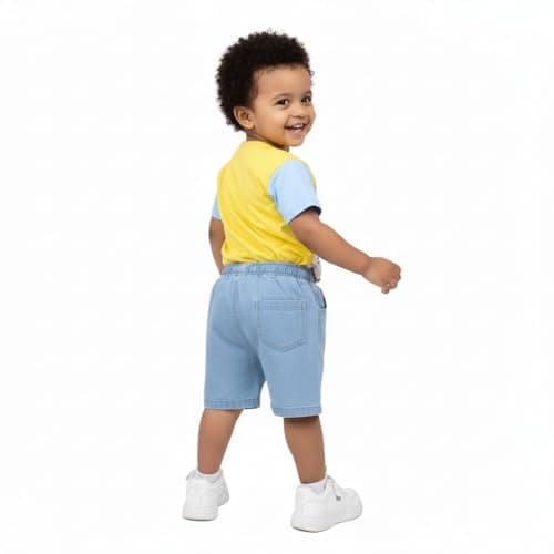 Krishn Creations Cotton Kids Clothes for Boys | Casual Printed Tshirt with Denim Short Summer Wear for Baby Boy (Yellow, 0-1 year) 2