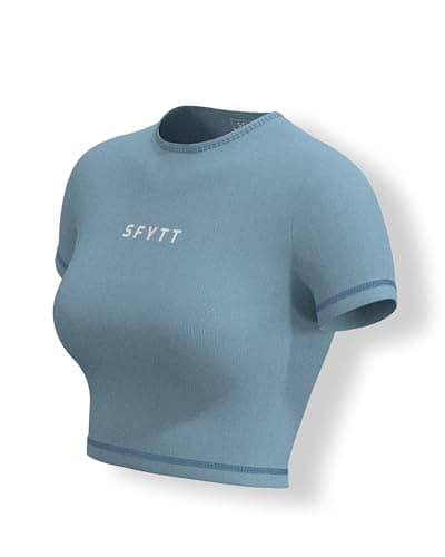 Sfytt Women Polyester Blend Gym Crop Top Athletic Yoga Short Sleeve Fitness Tight Tee Outdoor Workout Cropped Tank Tops (Pale Aqua-M), Blue