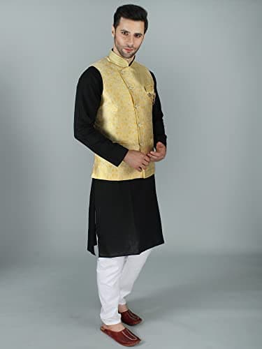 Exotic India Assymetric Jacquard silk modi Jacket waist coat with gold Enamel buttons 4