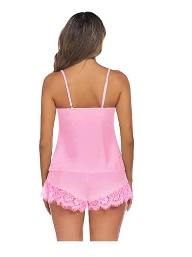 Galsmaky Women Sleepwear Lace Top Pajamas Set Shorts| Women Night Suit| Babydoll Night Dress Nightwear Camisole Short Sets Baby Pink Fit Size(30 to 36) Inch 4