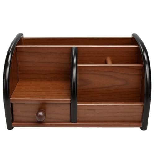 Wooden Desk Organizer with Drawer & Multiple Compartments for Office, Study Table, Pen Stand, Stationery & Accessories Holder (Brown & Black) 3