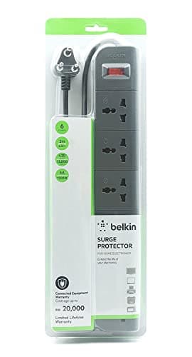 Belkin 6-Socket Extension Board with Surge Protector Universal Socket with 6.5Ft (2-Meter) Heavy Duty Cable Overload Protection, Comes with 5 Years Manufacturer Warranty, Grey Color, 220 Volts 3