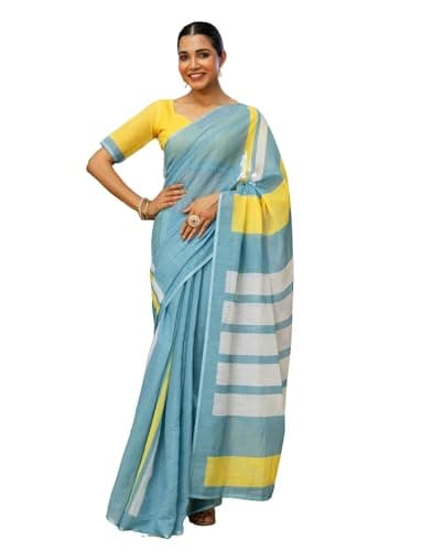 SIRIL Women's Cotton Linen Printed Saree with Unstitched Blouse Piece (4575S1081_Light Blue)