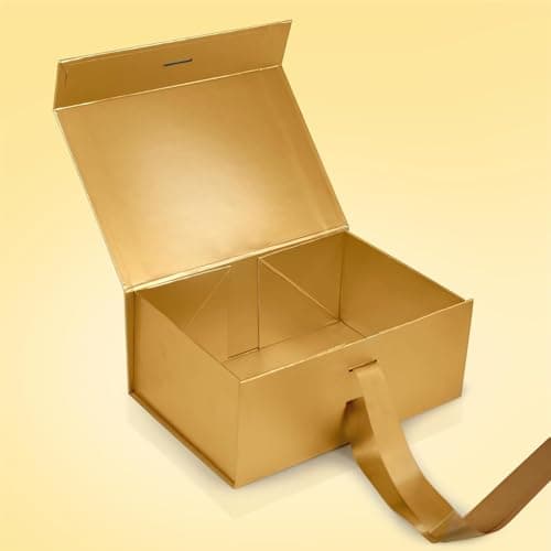 RBS®-Elegant Gold Gift Box with Ribbon (23 x 16 x 10cm) Empty Gift Boxes (1 Pack) Hamper Box Holds Upto 5 kg Gift Box for Presents Reuse Gift Packing Box Decorative Christmas Hamper Box (Elegant Gold) 5