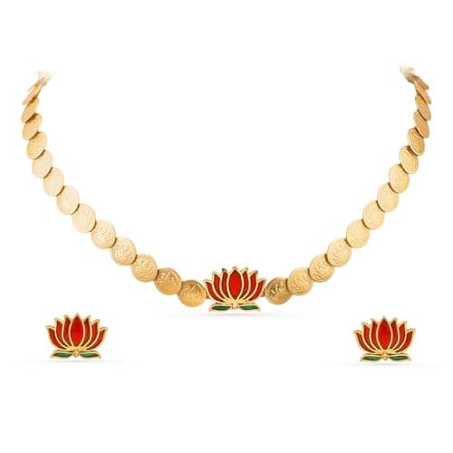 Rubans Gold Plated Coin Choker Necklace Set Lotus Motif Temple Inspired Traditional Festive Jewellery for Women & Girls