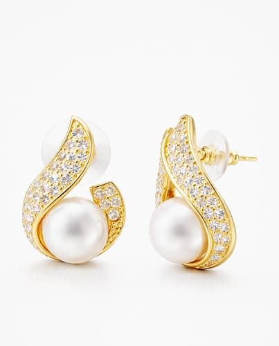 Fancy CZ Diamond Pearl Stud Earrings for Women & Girls Traditional Gold Plated Designer Earrings Cute Trendy Modern Ethnic Daily Wear Rich Look Festive Wedding Party Jewellery Light Skin-Friendly Anti 2