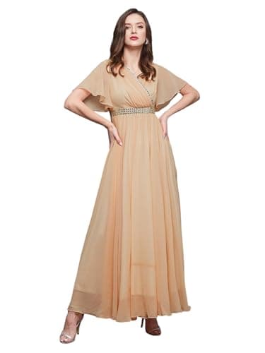 Miss Chase Women's V-Neck Flared/Bell Sleeves Fit & Flare Maxi Dress,(MCSS23D06-61-101-04, Peach, M)