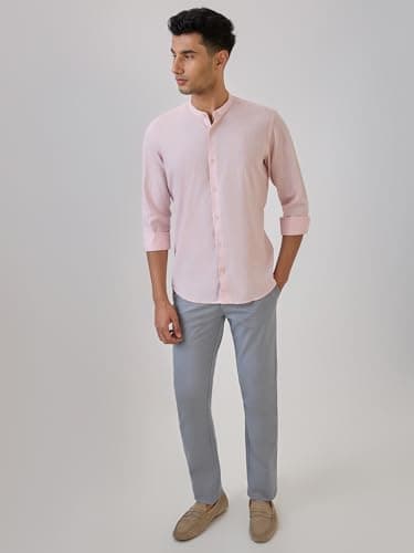 Raymond Men Regular Fit Chambray Pattern Cotton Linen Blend Mandarin Collar Full Sleeve Casual Shirt (Size: 42)-RCSM01923-R4 5