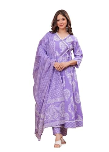 GEKHA Women Pure Cotton Printed Anarkali Kurta Set Purple, XL