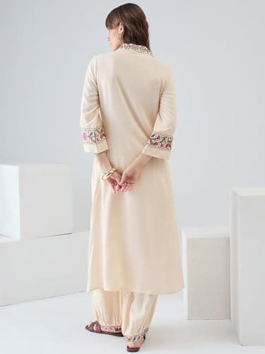 INDO ERA Women's Viscose Rayon Ethnic Motifs Embroidered A-Line Calf Length Kurta & Salwar Set (Beige_IESTR11220_Large) 3
