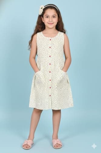 CMMCHAAH Girl's 100% Cotton Floral Sleeveless Frock – Summer A-Line Dress with Front Buttons and Dual Pockets – White/Multi 2