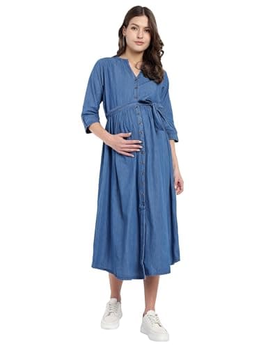 MAMMA'S MATERNITY Women's Denim Maternity Dress for Feeding & Nursing | Knee Length Solid Casual Wear with Front Zip | Comfortable Pregnancy Dress | Light Blue, 2XL