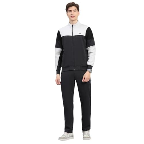 Monte Carlo Men's Regular Fit Colour Block Stand Collar Full Sleeve Tracksuit| Men Track Suit | Stylish Sportswear Set with Jacket and Lower | Activewear Set For Men's Grey XXL