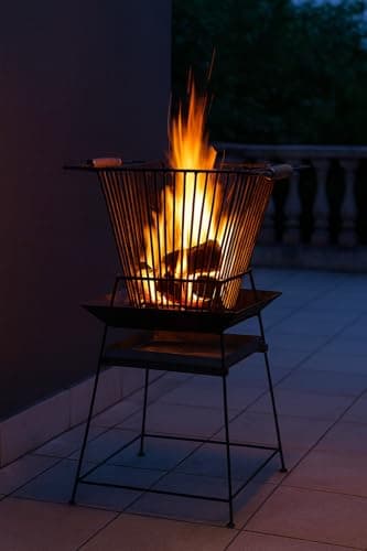 Outdoor Metal Fire Pit Basket, Square, Black, Powder Coated, Wood/Charcoal Fuel, Modern Industrial, with Wooden Handles, for Patio, Garden, Camping (33.4LX54.8BX91.4H) Cm 3