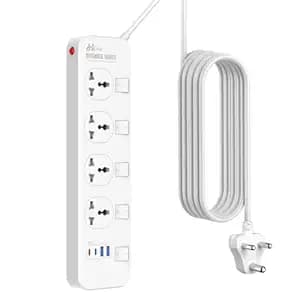 Hoteon Extension Board with USB Slots, 2500W/10A Individual Switch Power Strip, 4 Way Outlets 2 Type C & 2 USB A Ports, Universal Spike Guard Sockets with Safety Shutter, 5Mtr Cable (3 Pin White)