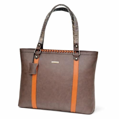 ASCARO Women's Genuine Leather Tote Bag for Office & Travel | Laptop Compartment Handbag | Premium Shoulder Bag with Dual-Tone Contrast Stripe | Stylish Ladies Work Tote Purse (Brown)