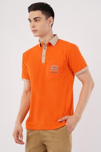 Indian Oil Professional Polo T-Shirt, Orange with Khaki Collar, Cotton, Short Sleeve, Logo Printed Pocket Design, Casual Wear (in, Alpha, L, Regular) 2