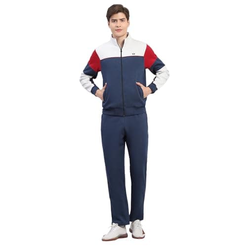 Monte Carlo Men's Regular Fit Colour Block Stand Collar Full Sleeve Tracksuit| Men Track Suit | Stylish Sportswear Set with Jacket and Lower | Activewear Set For Men's Blue L