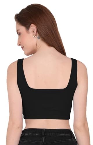 XOLANI Women’s Stylish Ribbed Sleeveless Lycra Stretchable Readymade Crop Tank Top Cami Blouse for Girls 2VX34 1044 M BLK Black 2