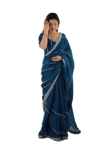 CURVVIES CRECKK Blue Silk Blend Zari Sequence Embroidered Saree with Unstitched Blouse|style 765