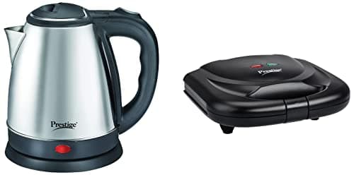 Prestige Electric Kettle PKOSS - 1500watts, Steel (1.5Ltr), Black & PSMFB 800 Watt Sandwich Toaster with Fixed Plates, Black Combo