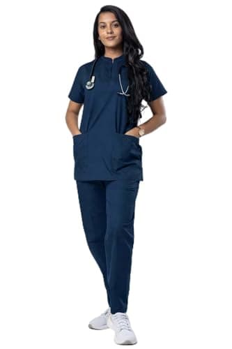 UNIFORM CRAFT Women's Mandarin Collar (Chinese Collar) Medical Scrub Suit | Short Sleeve | 4 Pockets | Ideal for Healthcare Professionals (Olive Blue, M)