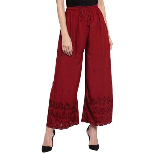 Women's Wide Leg Palazzo Pants with Chikankari Embroidery, Elastic Drawstring Waist, Scalloped Hem (in, Alpha, 2XL, Maroon)