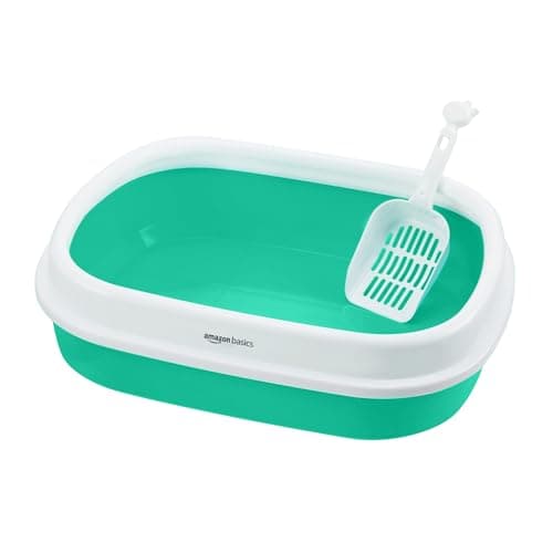 amazon basics 2 In1 Pet Feeder Food and Water Dispenser|Stainless Steel Bowl|Suitable for Cats and Dogs,32 cm,H_22 cm,W_16.5 cm with Amazon Basics Cat Litter Box Tray with Free Scooper|Green 5