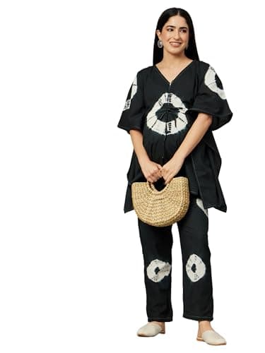 Aaheli Black Tie-Dye Maternity Kaftan Feeding Night Suit & Loungewear Set for Women | Front Open Nursing Top & Pants | Soft Cotton, Comfortable Fit