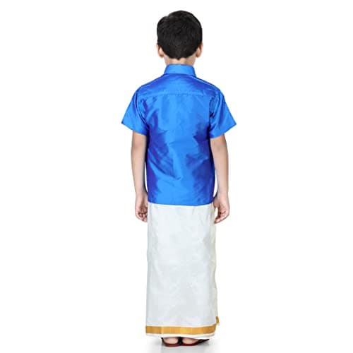 BownBee Boys Silk Shirt & Mundu Dhoti South Indian Traditional Ethnic Dress for Kids with Half Sleeves, Button Closure Shirts for Baby Boy, Ideal for Any Festival Occasions & Wedding (Blue, 4-5 Yrs) 3