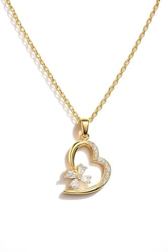 MEENAZ Jewellery Gold Heart Pendant Necklace for Women | Butterfly AD Stone Love Charm Locket | Adjustable Chains | Stylish Necklace Set | Anti Tarnish |Valentine Gift for Girls Woman Girlfriend