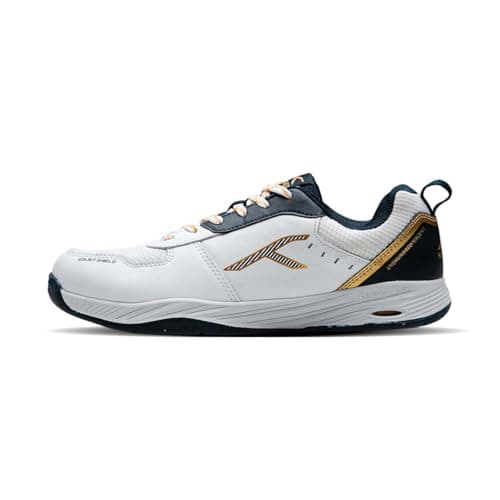 Hundred Unisex-Adult Court Shield Non-Marking Badminton Shoes|Enhanced Court Control Outsole for Precision|X-Cushion|Ideal for Indoor,Synthetic & Wooden Surfaces(White/Navy/Gold ;8 UK)