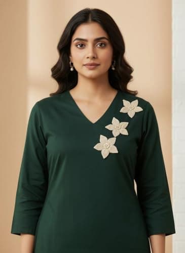DESI BLOOM Women's Pure Cotton Kurta Pant Set, V-Neck, Embroidered, 3/4 Sleeves, Straight Kurta, Ethnic Co-Ord Set for Daily, Office, Festive (IN, Alpha, L, Regular, Bottle Green) 2