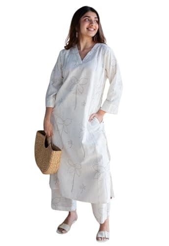 IKLO Natural White Dabu Slub Cotton Hand Printed Co-Ord (Set of 2)