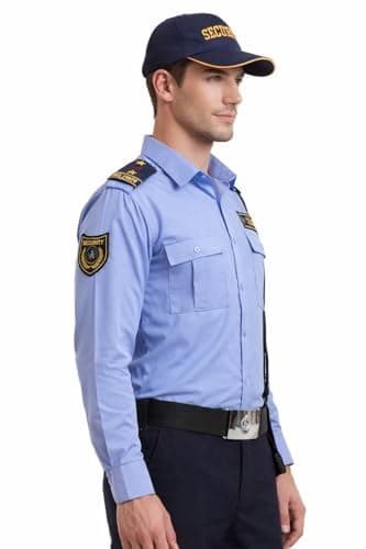 Professional Security Guard Uniform Shirt, Light Blue Long Sleeve with Security Patches and Epaulettes, Full Sleeve Formal Shirt for Men (in, Alpha, L, Regular) 2