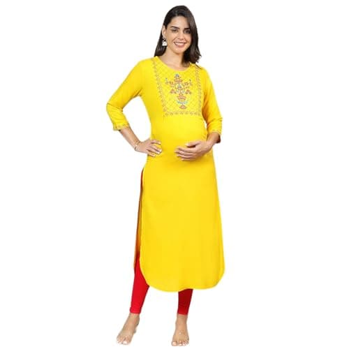 MomToBe Wome's Rayon A-line Maternity Kurti/Pregnancy Dress/Easy Breastfeeding Kurta with Zippers/Maternity Dress with Zippers for Nursing Pre and Post Pregnancy (Sunflower Yellow ; 2XL)
