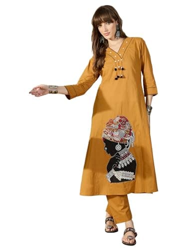 INDO ERA Women's Pure Cotton Quirky Embroidered A-Line Calf Length Kurta & Pant Set | Co Ord Set For Women Stylish