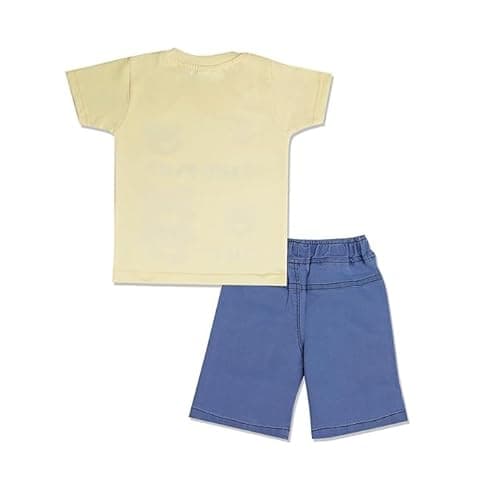 Printed Casual Kids Clothes for Boys | Half Sleeves Round Neck Pure Cotton Tshirt and Denim Shorts Kids Clothing Set | Summer Outfit Everyday Baby Boy Clothes (Cream, 5-6 years) 2