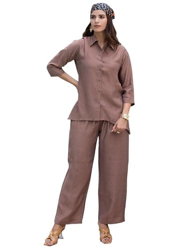 TITTLI Rayon Fabric Collared Three-Quarter Sleeves Shirt & Trouser Co-Ord Set for Women | Elastic Waist Bottom | Casual Wear Relaxed Fit Outfit | Sizes - M, L, XL, XXL, 3XL Brown